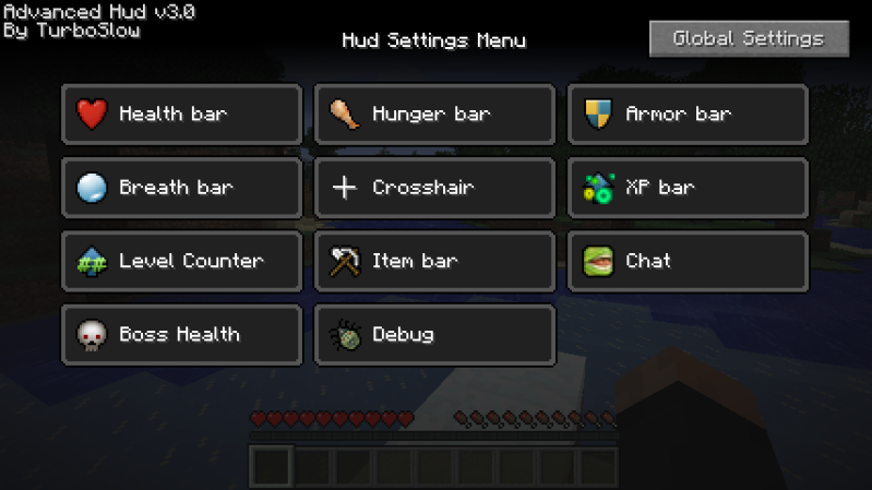 Hud settings. Hud mod 1 7 10. advanced hud v1.0. minecraft health bar. mine health hud.